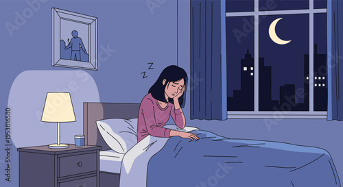 Insomnia and sleep problems concept featuring a stressed woman sitting on the edge of her bed at night in a dark room.