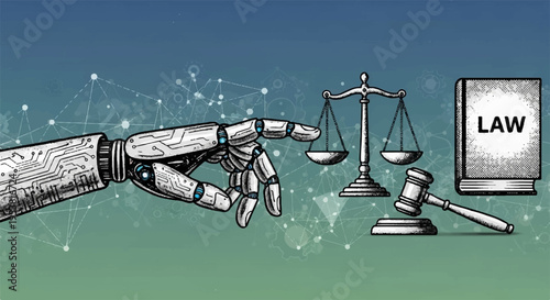 Robotic hand interacting with law gavel and scales of justice beside legal book