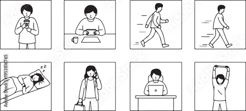 People Daily Routine Activities Flat Illustration Set