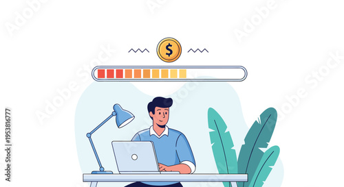 Freelancer working on a laptop with a loading bar progressing toward a gold dollar coin representing financial success.