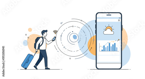 Traveler with a suitcase using his smartphone while a larger screen displays weather and financial data charts.