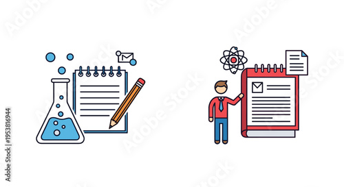 Science laboratory theme featuring a flask and notebook alongside a professional teacher explaining atomic diagrams.