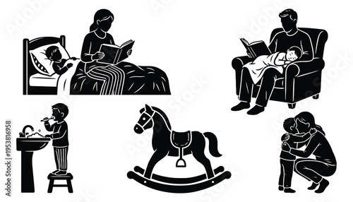 Parenting and childhood concept icons including reading brushing teeth and hugging scenes