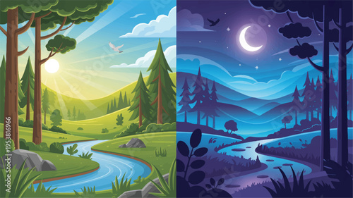 Split image: lush green forest landscape by day with river and sun, contrasting with a serene blue night forest scene