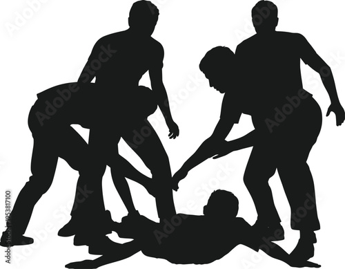 Black silhouette illustration of five people interacting, four standing figures surrounding one lying individual, abstract group dynamics concept for teamwork, conflict, or assistance visual design