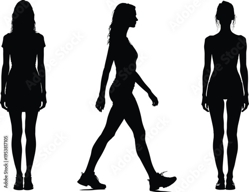 Black silhouette illustration of human figures standing and walking with different postures, highlighting movement, anatomy, and artistic design for biomechanics or creative projects