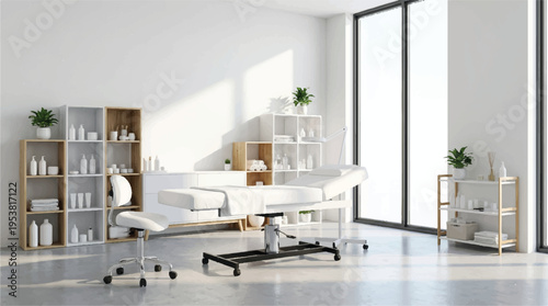 Modern, bright spa or treatment room with massage bed, shelves of products, and large window