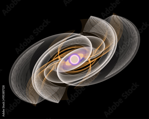 Abstract flowing orbital lines forming dynamic energy field with glowing core. Smooth wave structures create depth, motion and cosmic balance.
