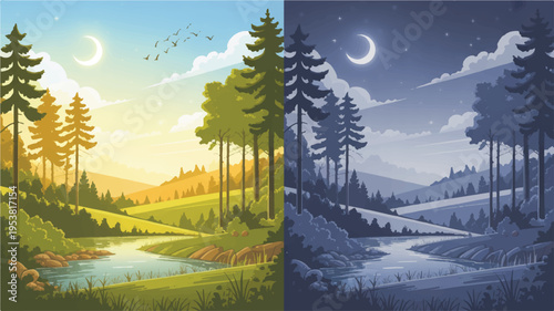 Dual landscape split: sunny green forest valley with river on left, moody blue hills and moonlit trees on right, day vs night