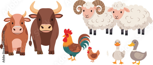 Set of Cute Cartoon Farm Animals Including Cow, Sheep, Rooster, Hen, Duck, and Goat in a Playful Style