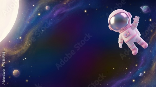 Cute Pink Astronaut Floating in Colorful Space Nebula with Copy Space