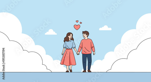 Happy couple holding hands and walking together among clouds with floating hearts to represent love and romance.