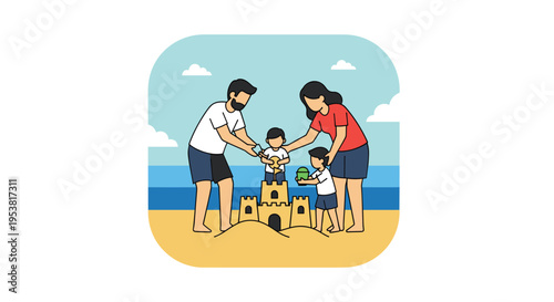 Family working together to build a detailed sandcastle on a sunny beach with waves and clouds in the background.