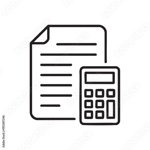 A simple line drawing depicts a sheet of paper and a calculator side by side on a plain surface.