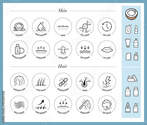 Coconut cosmetic for hair and skin icon set. The outline icons are well scalable and editable. Contrasting elements are good for different backgrounds. EPS10.