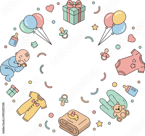 Cute Baby Shower Circular Frame Vector with Sleeping Newborn, Clothes, Balloons, Gifts, Pacifiers, and Nursery Elements for Invitation and Celebration Design.