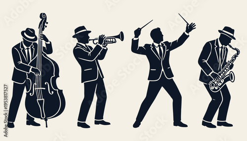 Vintage jazz band silhouette illustration with musicians playing instruments