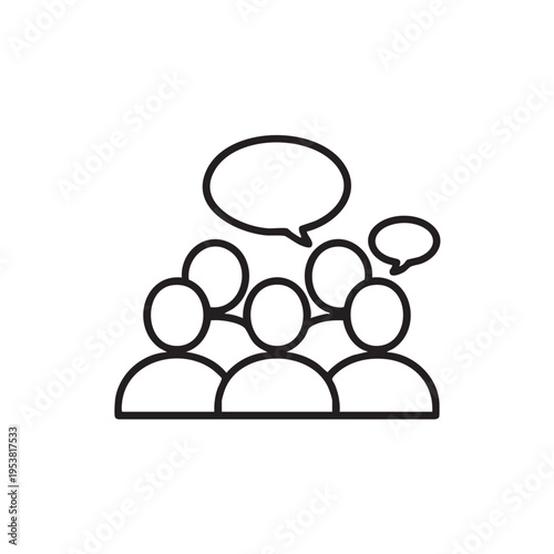 A group of people are engaged in a conversation outdoors with speech bubbles floating above them in a lively discussion.