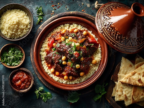 Traditional Moroccan Lamb Tagine with Chickpeas and Couscous in a Clay Pot