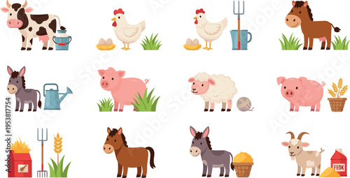 Farm animals and agriculture elements set, cute cow pig sheep chicken horse donkey and farming tools collection flat vector illustration