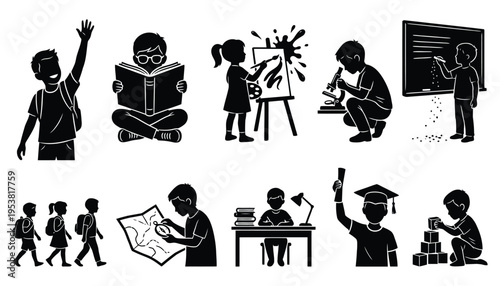Set of school children silhouettes in various learning activities
