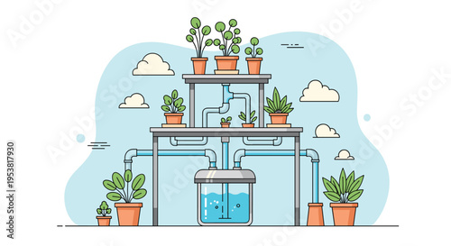 Hydroponic indoor gardening system with pipes and water tanks nourishing various green plants on tiered shelves.
