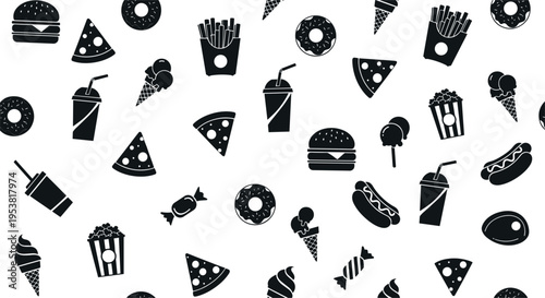 Fast food seamless pattern with burgers pizza donuts and snacks, black silhouette background of junk food items vector illustration for textile and wallpaper design