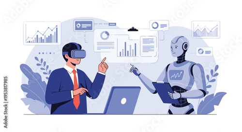 Businessman in a virtual reality headset collaborating with a robot and analyzing various data charts and graphs.