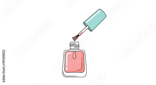 Small glass bottle of pink nail polish with the brush held above it showing a single drop of liquid on white.