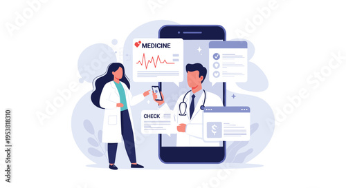 Doctors consulting online through a large smartphone screen featuring medical records and heart rate monitors for virtual healthcare services.