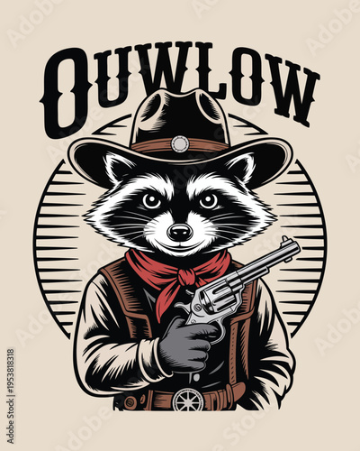 Black and white raccoon outlaw wearing a red bandana and cowboy hat