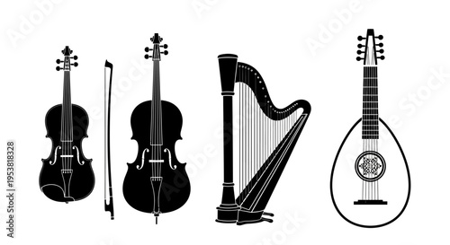 Collection of Classical String Instruments: Violin, Cello, Harp, and Lute