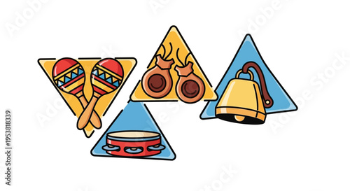 Colorful Musical Instruments Collection: Maracas, Castanets, Tambourine, Bell