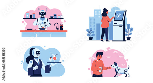 Modern robots assisting humans in various daily activities like cooking, serving drinks, information kiosks, and pet care for a futuristic lifestyle.