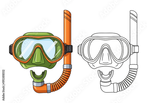 Green and orange snorkel mask with clear blue lenses and outline version diving swimming