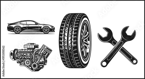 Car Engine, Tire, and Wrenches: Automotive Service and Repair Icons