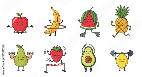 Collection of cute cartoon fruits performing various physical exercises like yoga, hula hooping, roller skating, running, weightlifting, and hurdles.