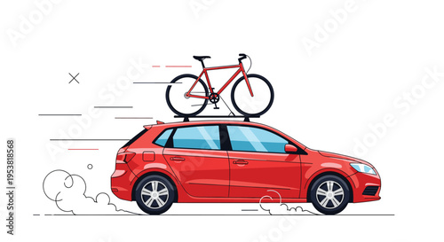 Side view of a fast red car traveling with a bicycle mounted on a roof rack symbolizing outdoor adventure, travel, and active lifestyle.