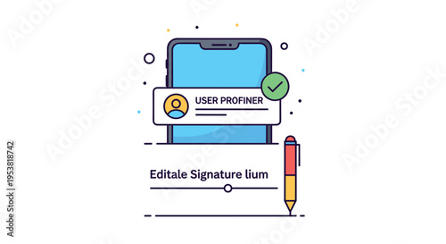 Digital user profile interface on a smartphone screen showing an editable signature feature with a pen icon for online documentation and security.