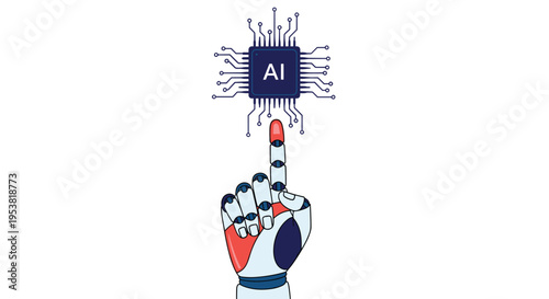 Futuristic robotic hand pointing towards a central processing unit chip with the letters AI representing artificial intelligence and advanced technology.