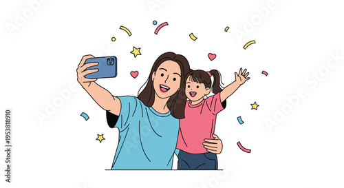 Happy mother and her young daughter smiling while taking a selfie together with a smartphone surrounded by festive colorful confetti and stars.