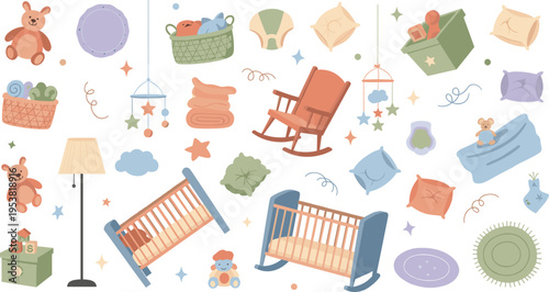 Cute Nursery Room Elements Vector Set with Baby Crib, Rocking Chair, Toys, Pillows, Lamp, Storage Boxes, and Cozy Interior Decor Illustration.