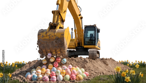 A construction excavator digging in soft soil and uncovering colorful Easter eggs instead of rocks, bucket lifting bright decorated eggs from the ground, isolated on white background.