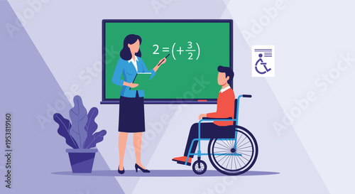Supportive teacher explaining a math problem on a chalkboard to a young male student in a wheelchair in an inclusive classroom setting.