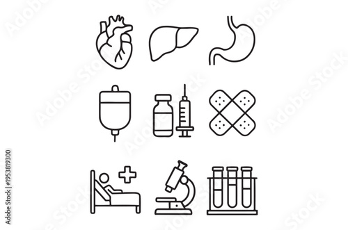 Basic RGBA collection of medical icons depicting various healthcare and anatomy symbols, suitable for use in medical presentations, educational materials, and advertising.