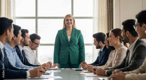 Businesswoman presenting to a diverse team in a modern conference room  