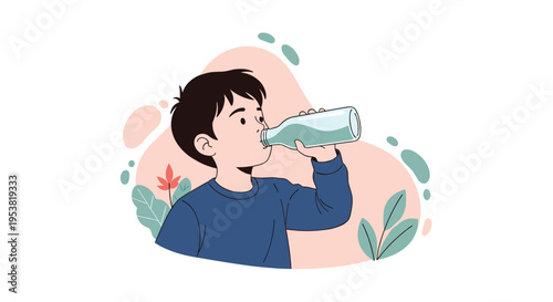 Young boy in a blue shirt drinking water from a clear glass bottle against a soft pink and green nature background for health and hydration.