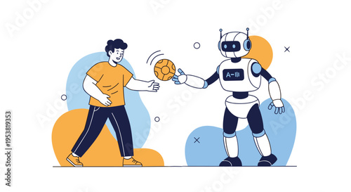 Young man and a modern robot playing with a basketball together symbolizing human-robot interaction and a futuristic active lifestyle.