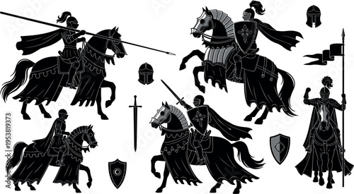 Medieval Knight Silhouette Set with Armored Warriors on Horseback, Swords Shields and Heraldic Elements in Detailed Black Vector Illustration Collection