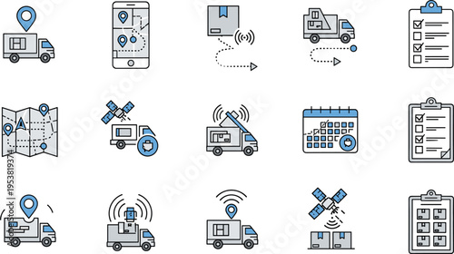 Logistics and delivery service icons set, shipping tracking warehouse transport and supply chain management symbols flat vector illustration collection